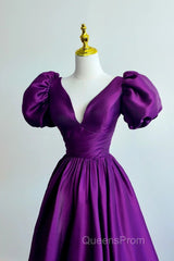 Purple Satin A-Line Short Sleeves Long Formal Dress, Purple Evening Dress Evening Prom Dress