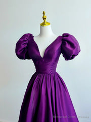 Purple Satin A-line Short Sleeves Long Formal Dress, Purple Prom Dress