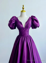 Purple Satin A-line Short Sleeves Long Formal Dress, Purple Prom Dress