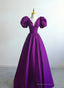 Purple Satin A-line Short Sleeves Long Formal Dress, Purple Prom Dress