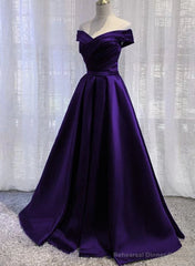 Purple Satin Off Shoulder Long Prom Dress, A-line Simple Purple Formal Dress