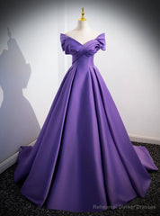 Purple Satin Off the Shoulder Prom Dress