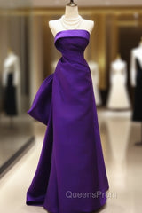 Purple Satin Scoop A-Line Floor Length Party Dress, Purple Satin Long Evening Prom Dress With Bow
