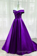 Purple Satin Sweetheart Long Party Dress Evening Prom Dress, Off Shoulder Purple Evening Dress