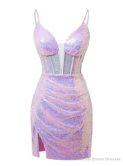 Purple Sheath Sequins Spaghetti Straps Homecoming Dress