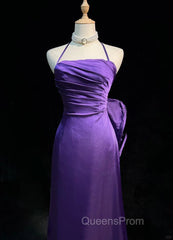 Purple Spaghetti Strap Satin Evening Prom Dress Backless Evening Gown