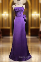 Purple Spaghetti Strap Satin Evening Prom Dress Backless Evening Gown