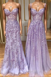 Purple sweetheart neck lace long Evening Prom Dress, lace formal graduation Dress