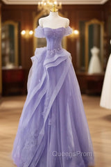 Purple Sweetheart Off Shoulder Tulle Long Party Dress, Purple Tulle Evening Prom Dress