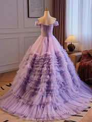 Purple Sweetheart Tulle Layers Sweet 16 Dress Long Evening Prom Dress A Line Off Shoulder Solid Color
