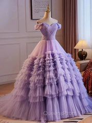 Purple Sweetheart Tulle Layers Sweet 16 Dress Long Evening Prom Dress A Line Off Shoulder Solid Color