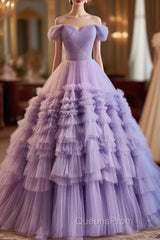 Purple Sweetheart Tulle Layers Sweet 16 Dress Long Evening Prom Dress A Line Off Shoulder Solid Color
