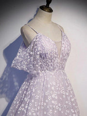 Purple Tulle A Line Long Evening Prom Dress Formal Dress With Flowers December Wedding Guest Dress