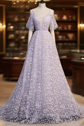 Purple Tulle A Line Long Evening Prom Dress Formal Dress With Flowers December Wedding Guest Dress