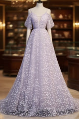 Purple Tulle A Line Long Evening Prom Dress Formal Dress With Flowers December Wedding Guest Dress