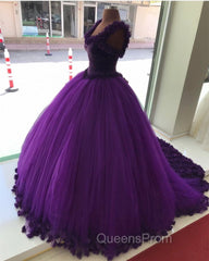Purple Tulle Ball Gowns Flower Wedding Dress Crystal Beaded Bodice