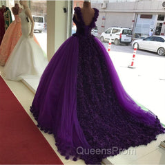 Purple Tulle Ball Gowns Flower Wedding Dress Crystal Beaded Bodice