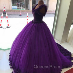 Purple Tulle Ball Gowns Flower Wedding Dress Crystal Beaded Bodice