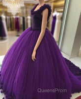 Purple Tulle Ball Gowns Flower Wedding Dress Crystal Beaded Bodice