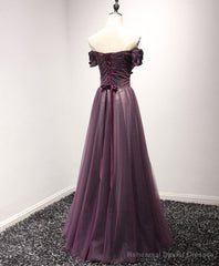 Purple Tulle Lace Off Shoulder Long Prom Dress, Purple Evening Dress