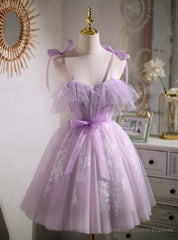 Purple Tulle Lace Straps Homecoming Dress