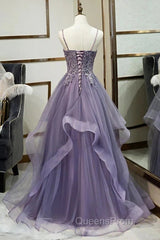 Purple Tulle Layers Long Formal Gown Lace Applique Party Dress A Line Floor Length Evening Prom Dress