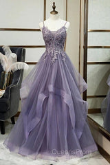 Purple Tulle Layers Long Formal Gown Lace Applique Party Dress A Line Floor Length Evening Prom Dress