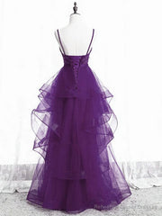 Purple Tulle Layers with Lace Long Evening Dresses, Purple Prom Dress Party Dresses