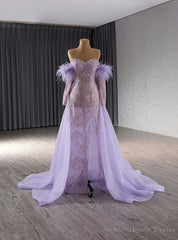 Purple Tulle Mermaid Sequins Prom Dress With Detachable Sleeve