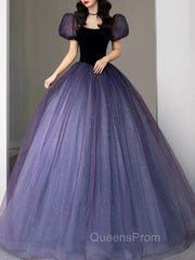 Purple Tulle Sequin Long Evening Prom Dress, Purple Evening Dress