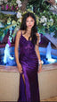 Purple V-Neck Appliques Lace Party Dress With Side Slit