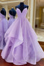 Purple V Neck Tulle Sequin Long Evening Prom Dress, Purple Evening Dress