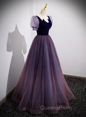 Purple Velvet And Tulle Short Sleeves Evening Dress, Purple A-Line Formal Dress Evening Prom Dress