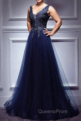 Dark Blue Lace V Neck Long Evening Prom Dress, Lace Evening Dress