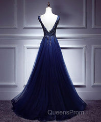 Dark Blue Lace V Neck Long Evening Prom Dress, Lace Evening Dress