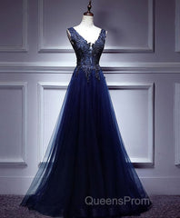 Dark Blue Lace V Neck Long Evening Prom Dress, Lace Evening Dress