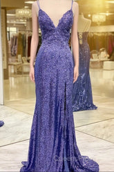 Mermaid Purples Sequins Long Evening Prom Dress with Slit