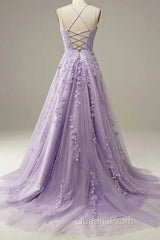 Light Purple Lace Applique A Line Spaghetti Straps Evening Prom Dress Evening Gown
