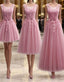 Pink Round Neck Lace Tulle Evening Prom Dress, Lace Evening Dress