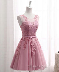 Pink Round Neck Lace Tulle Evening Prom Dress, Lace Evening Dress
