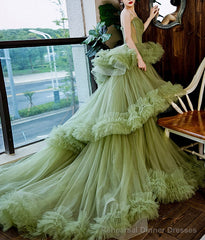 Princess Spaghetti Straps Green Tulle Long Dress A line Tiered Formal Dress