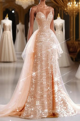 A-Line Evening Prom Dress Sparkle & Shine Dress Wedding Guest Sweet 16 Floor Length Sleeveless Sweetheart Tulle with Sequin Masquerade Dress