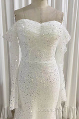 Ivory Mermaid Sequined Evening Prom Dress with Long Sleeves, Sparkly Long Party Dress