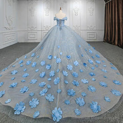 Quinceanera Blue Off-the-Shoulder Ball Gown Flower Dress