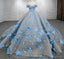 Quinceanera Blue Off-the-Shoulder Ball Gown Flower Dress