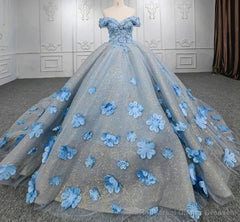Quinceanera Blue Off-the-Shoulder Ball Gown Flower Dress