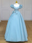 Quinceanera Dress Blue Satin Puff Sleeves Long Prom Gown Blue Long Sweet Dress