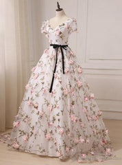 Quinceanera Dress Gorgeous V-neck 3D Floral Lace Ball Gown Long Prom Dresses