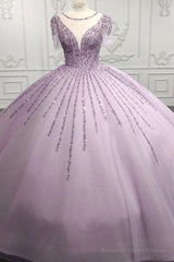 Quinceanera Dress Princess Sheer Neck Long Prom Dresses Short Sleeves Ball Gown
