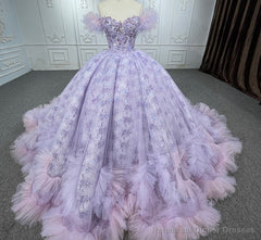 Quinceaera lace Off-the-Shoulder Ball Gown Purple Sequined Dress